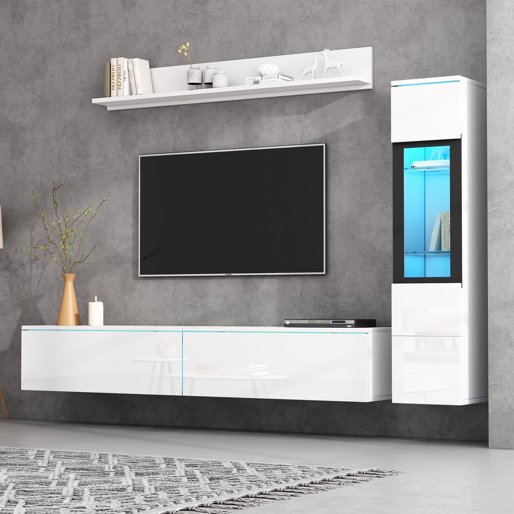 Set of 3 TV Wall Unit, LED TV Stand & Display Cabinet, High Gloss White