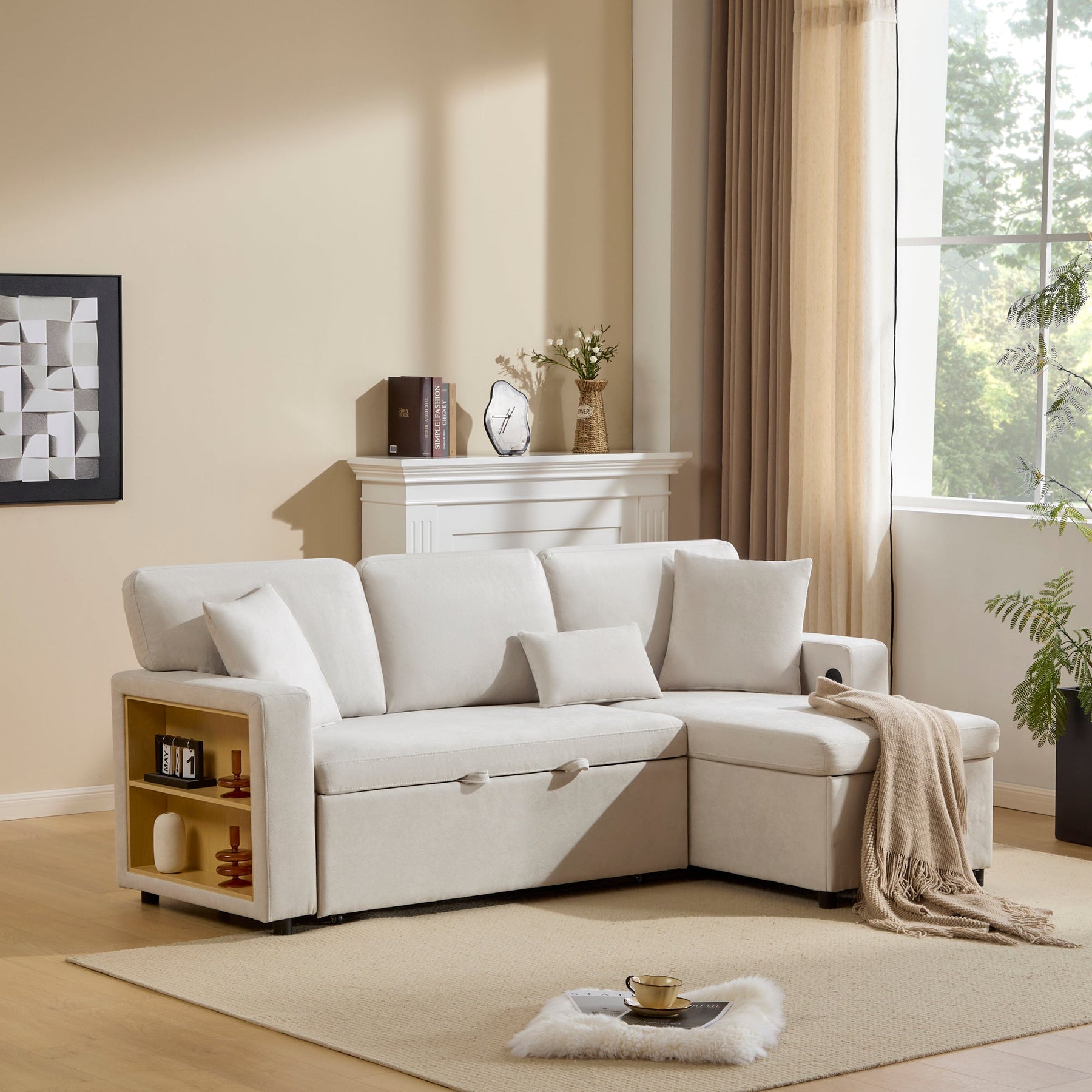 Corner Sofa Bed L-Shaped Extendable with Storage, Beige