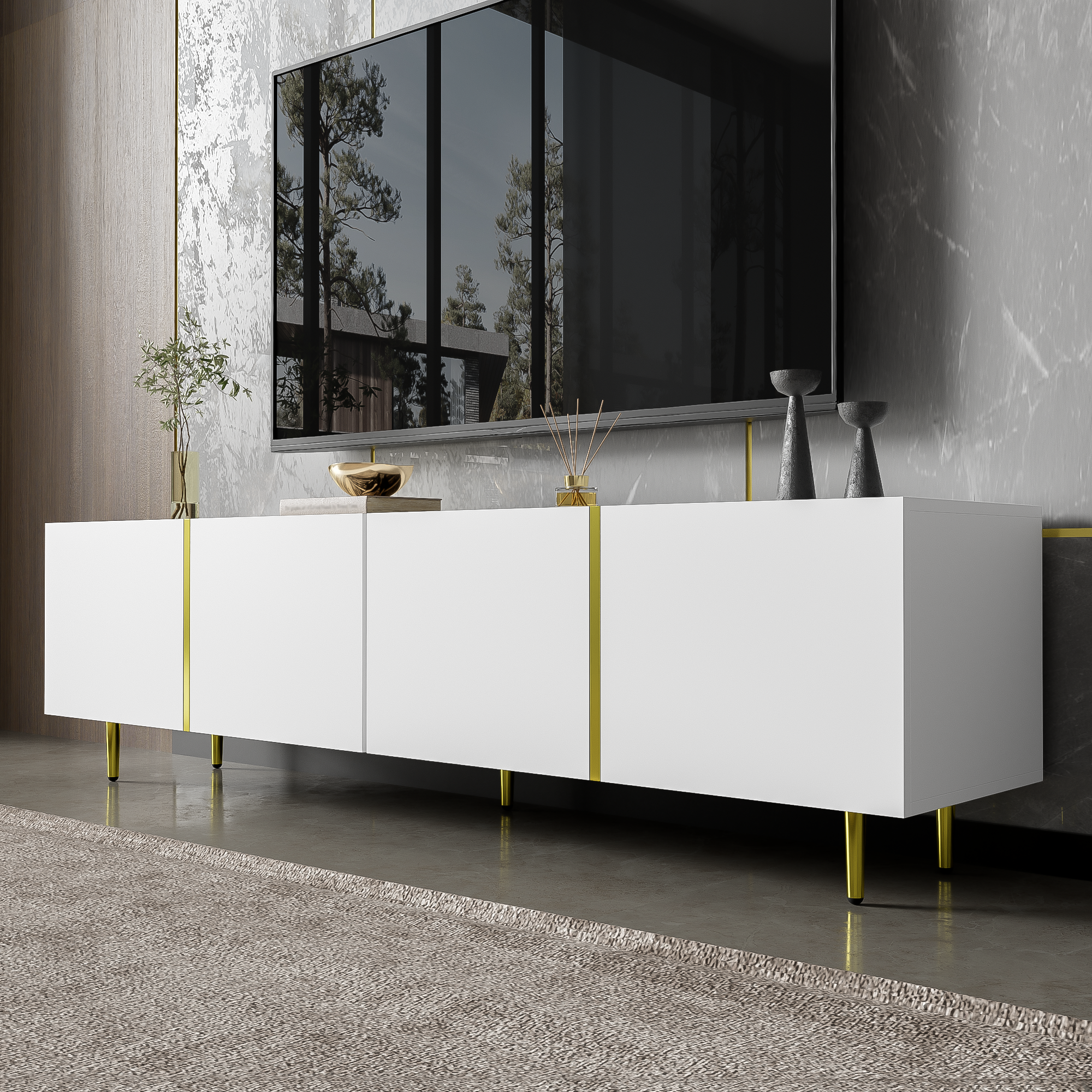 High-gloss TV cabinet with four doors, modern and simple, in white