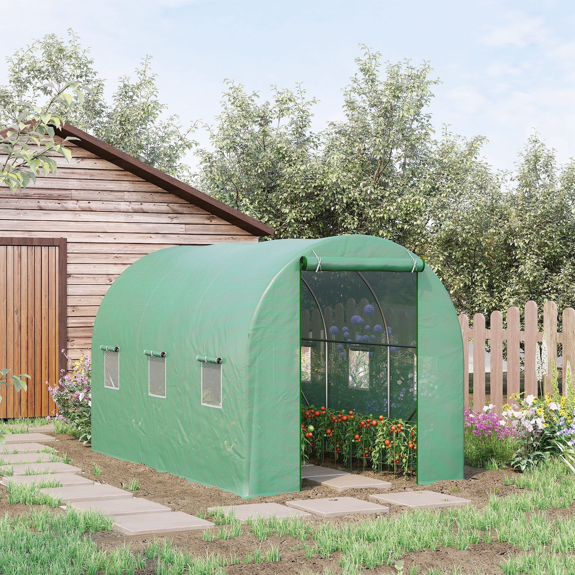 Walk-In Polytunnel Greenhouse, 3.5 x 2m Steel Frame, PE Cover, Roll-Up Door and 6 Windows, Green