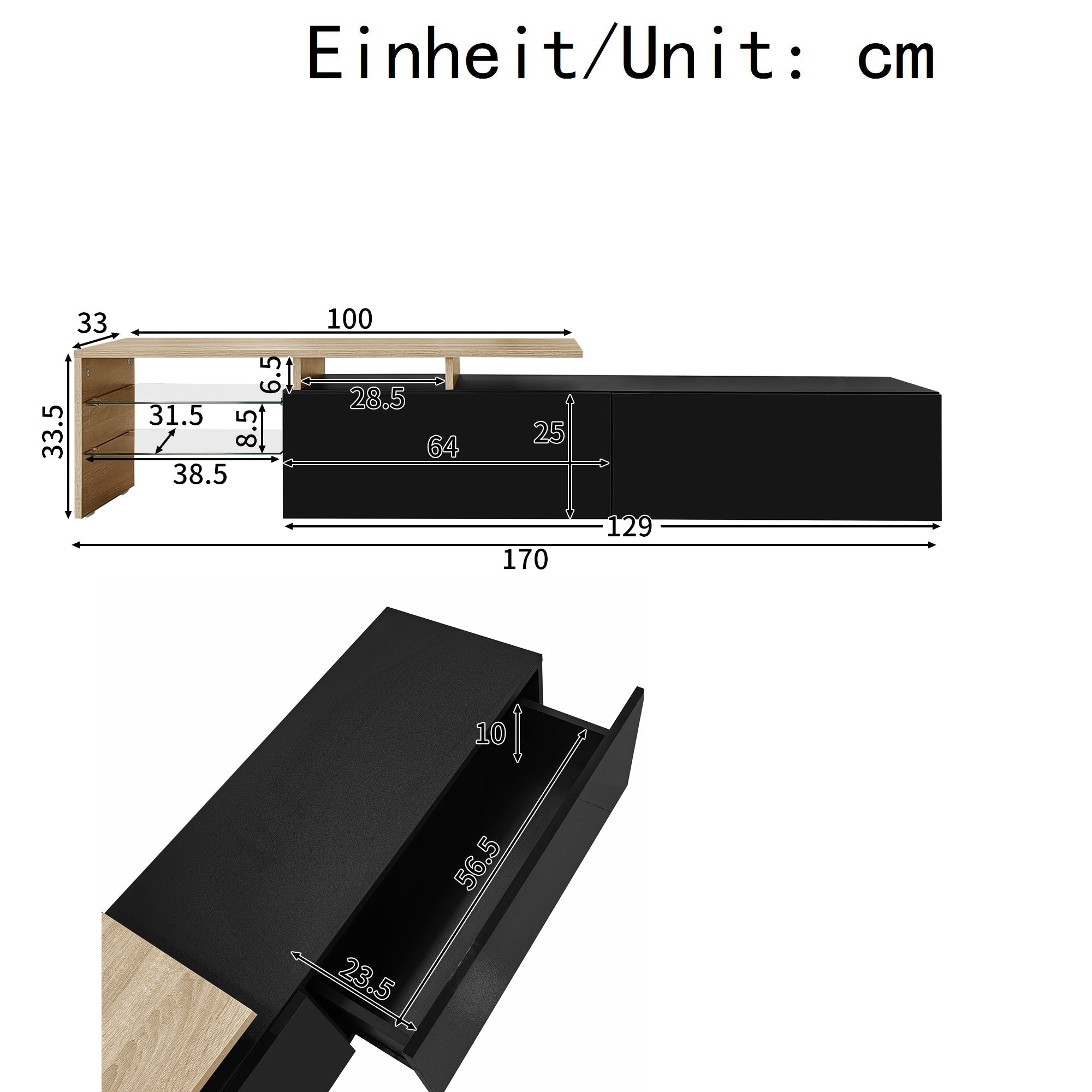Modern TV Cabinet: Stylish, Elegant, Storage with Glass Shelves, LED Lighting, Black and Wood
