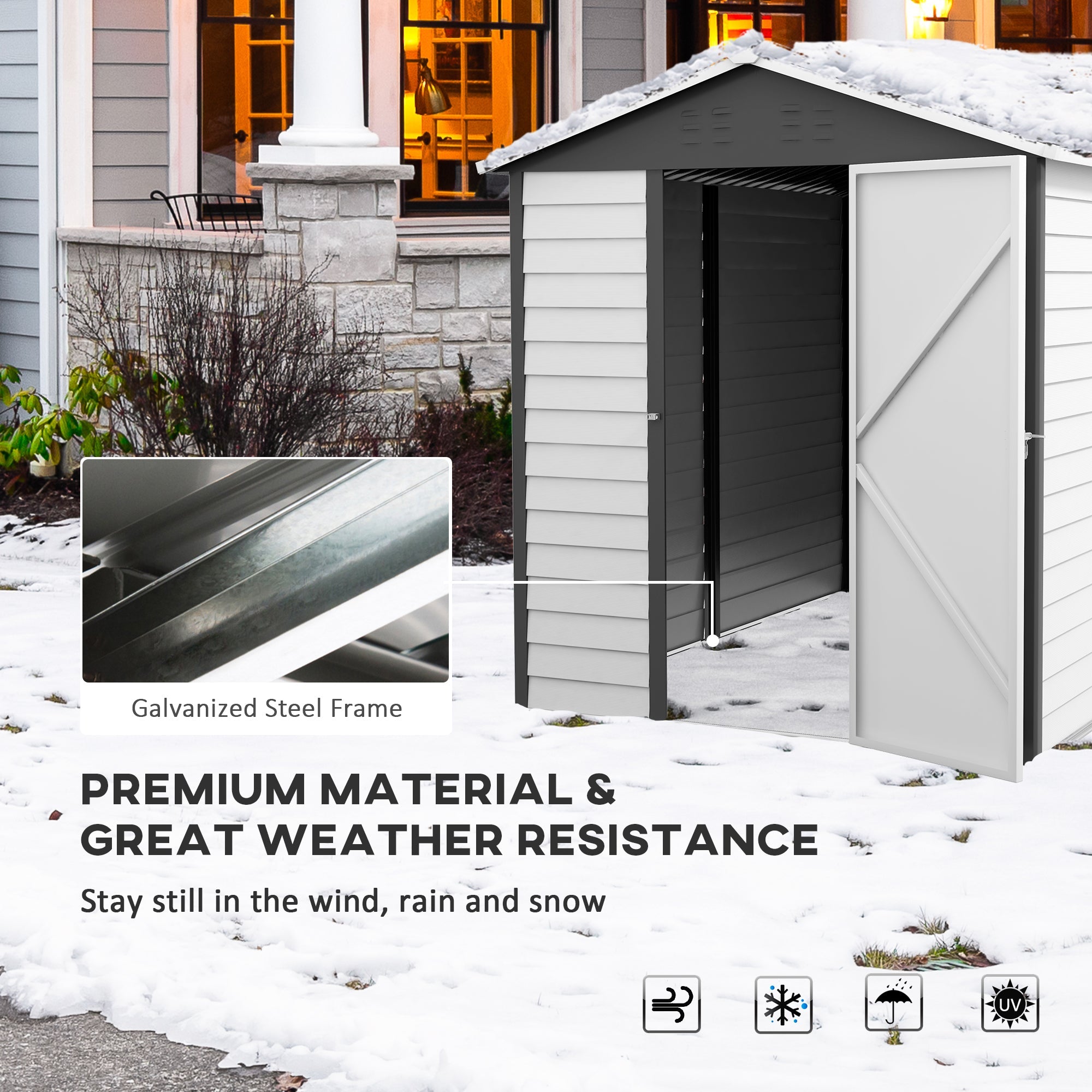 Metal Outdoor Garden Shed, Galvanised Tool Storage w/ Sloped Roof, Lockable Door, Dark Grey