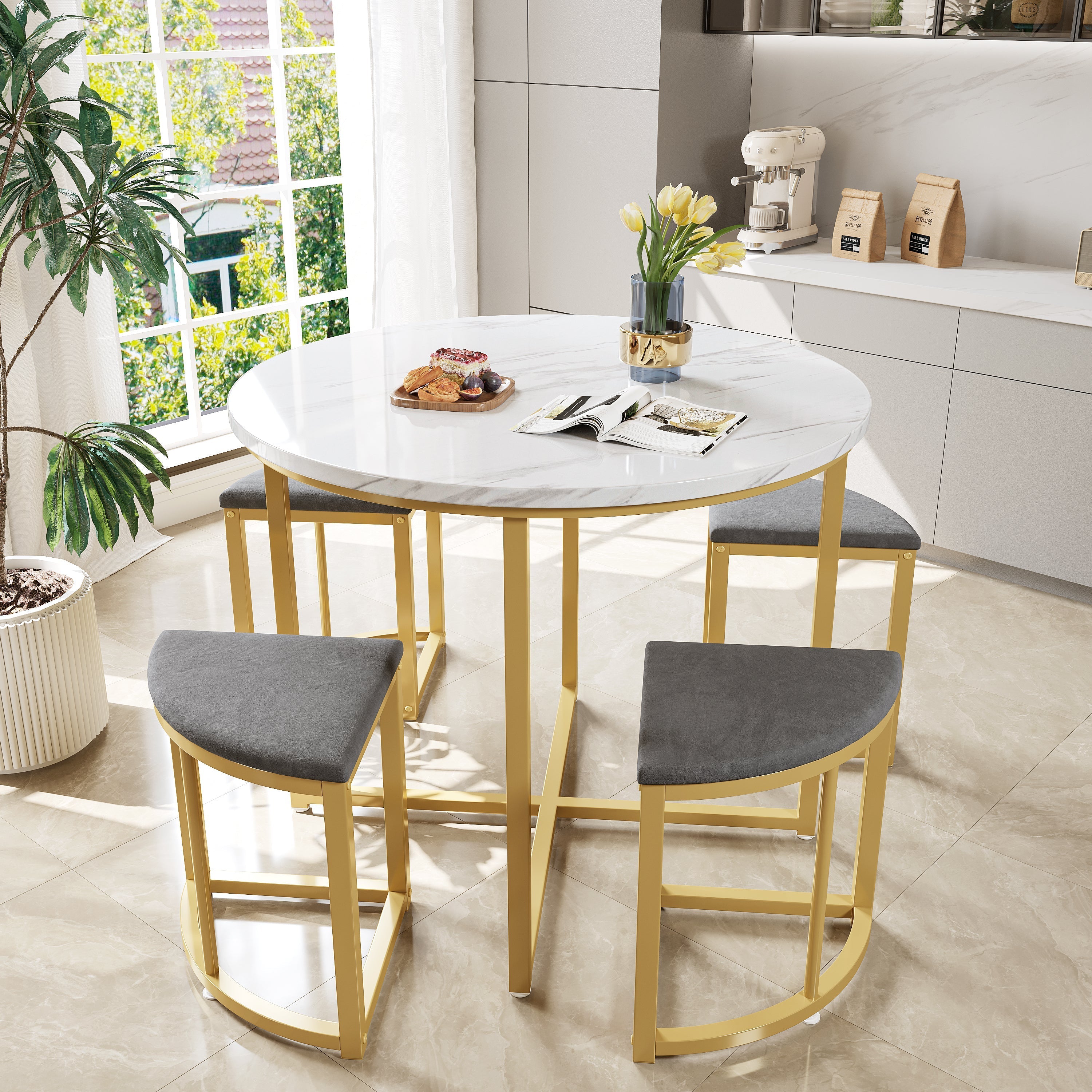 Modern Metal Frame Round Marble Dining Table and Chair Set (5 Pieces) with 4 Semi-Circular Stools