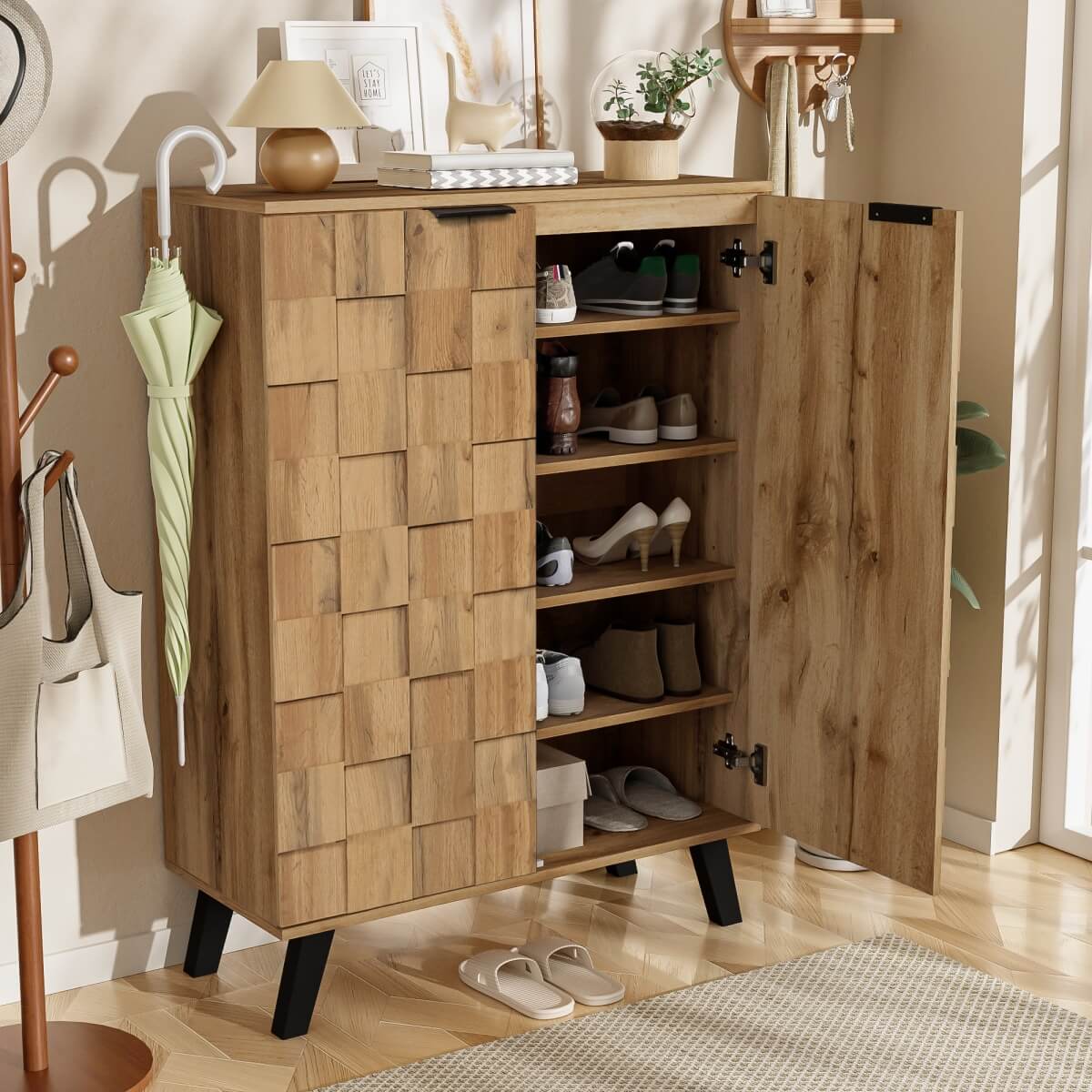 Modern Shoe Cabinet – 5 Compartment Storage with Adjustable Shelves, Wood Grain Finish