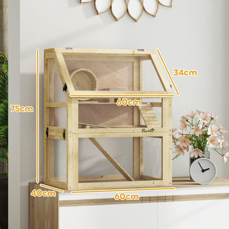 Wooden Hamster Cage, Detachable 32cm Deep Bottom, Hut, Seesaw, Exercise Wheel, Ramp, 60 x 40 x 75cm, Natural