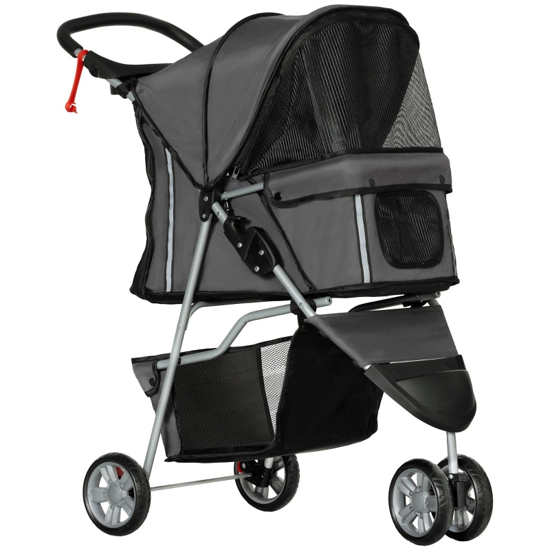 Pet Stroller with Zipper, 3 Wheel Removable & Washable Bottom Pad, Charcoal Grey