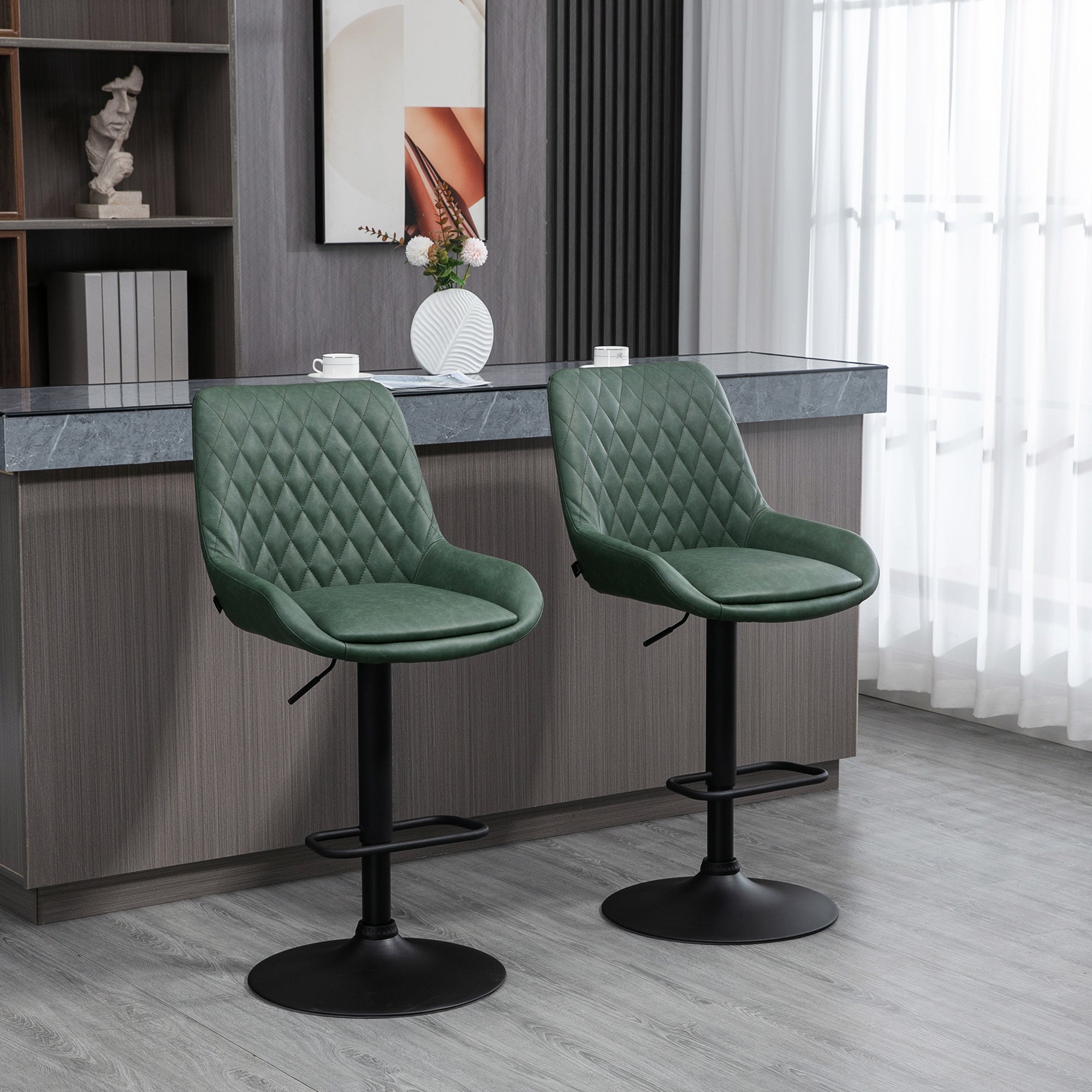 Retro Bar Stools - Adjustable Kitchen Stool, Swivel Seat, Green Upholstered