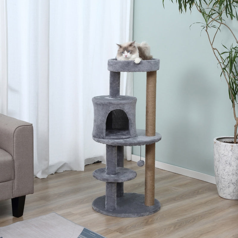 Cat Tree 104 cm, Condo Tower Activity Centre with Scratching Posts, Plush Perch, Hanging Ball - Grey