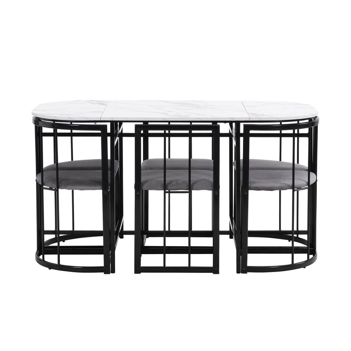 6 Seater Dining Table Set – White Table with Grey Cushioned Chairs, Black Metal Frame, Modern Dining Room Set