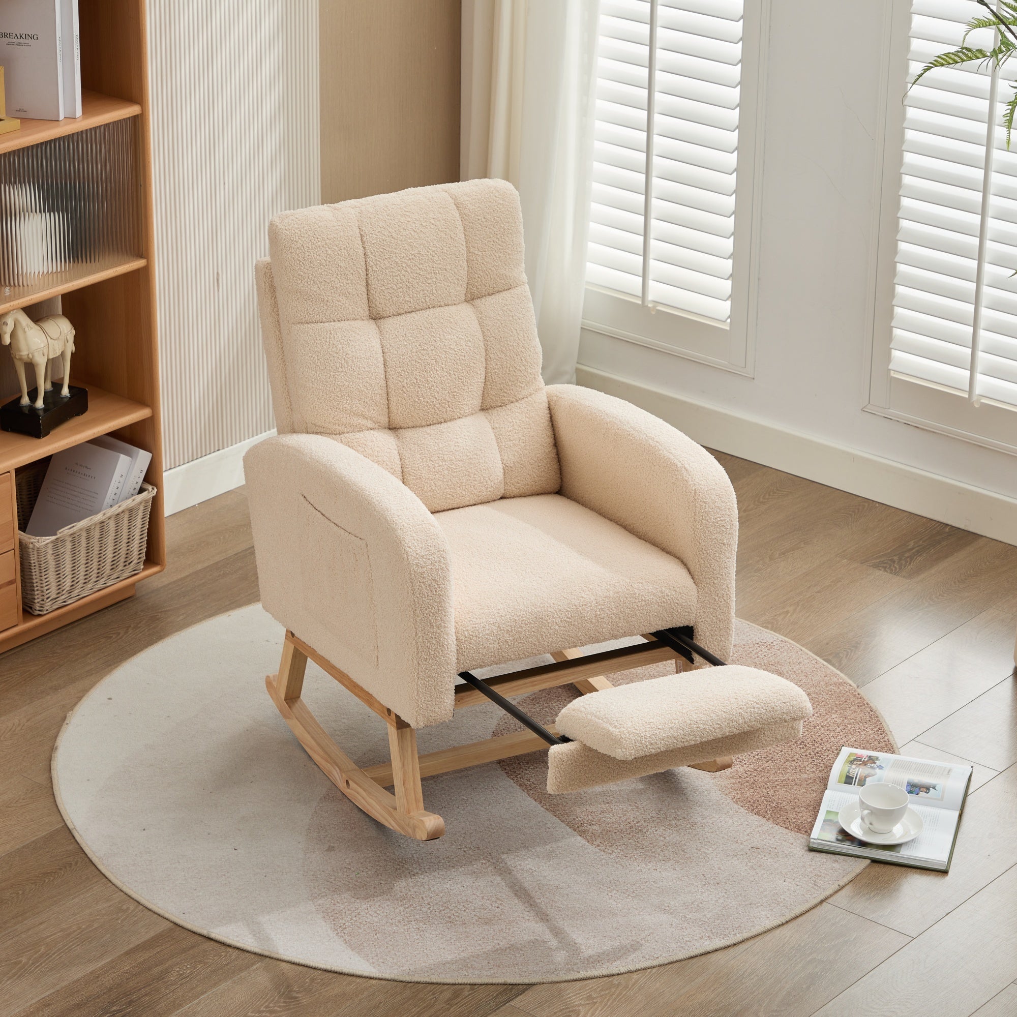 Rocking Chair with Adjustable Footrest and High Backrest, Beige Teddy Fabric