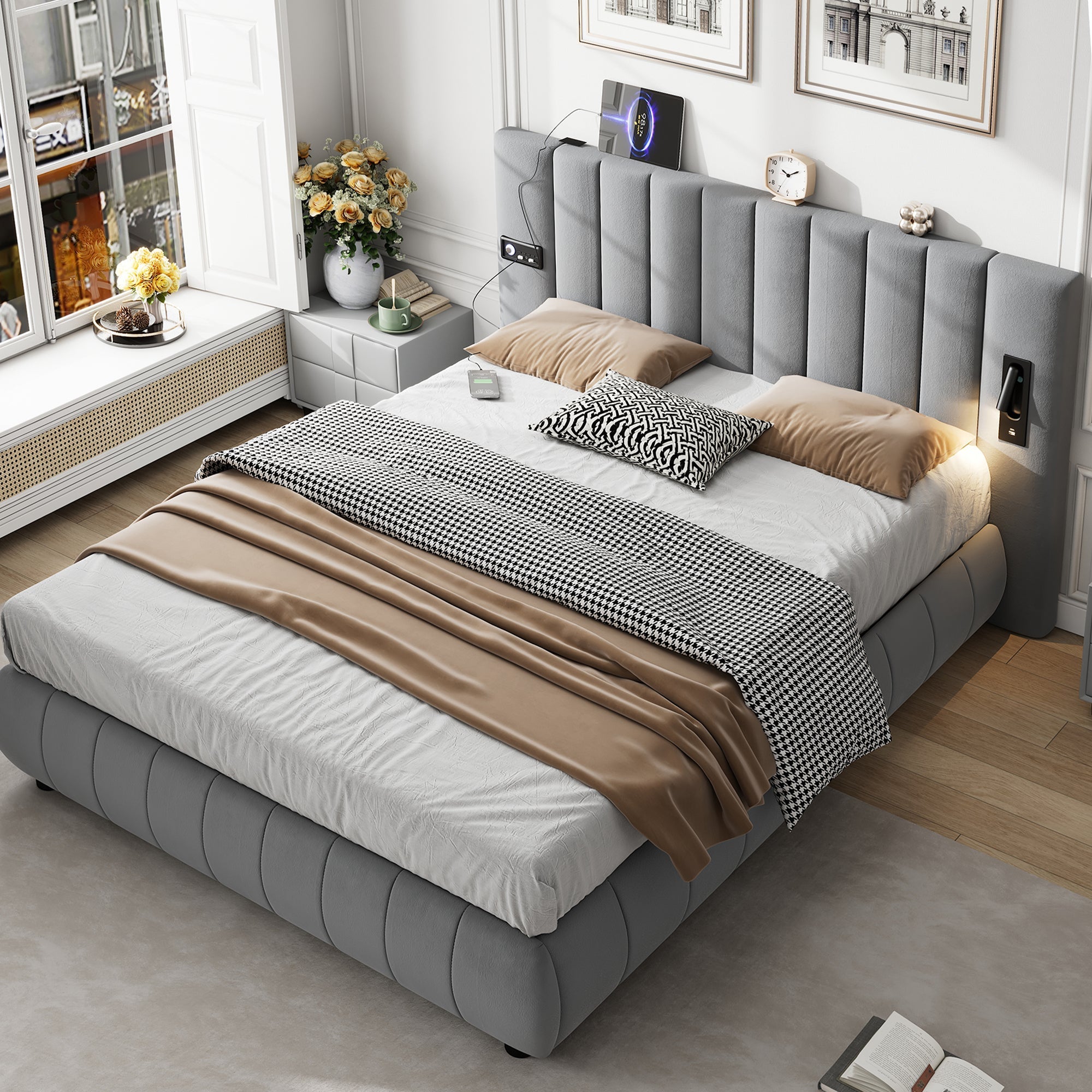 Upholstered Bed King Size 150x200cm with Stereo, USB Ports, Lighting, Electrical Plug & Soft Headboard, Grey Velvet+Iron