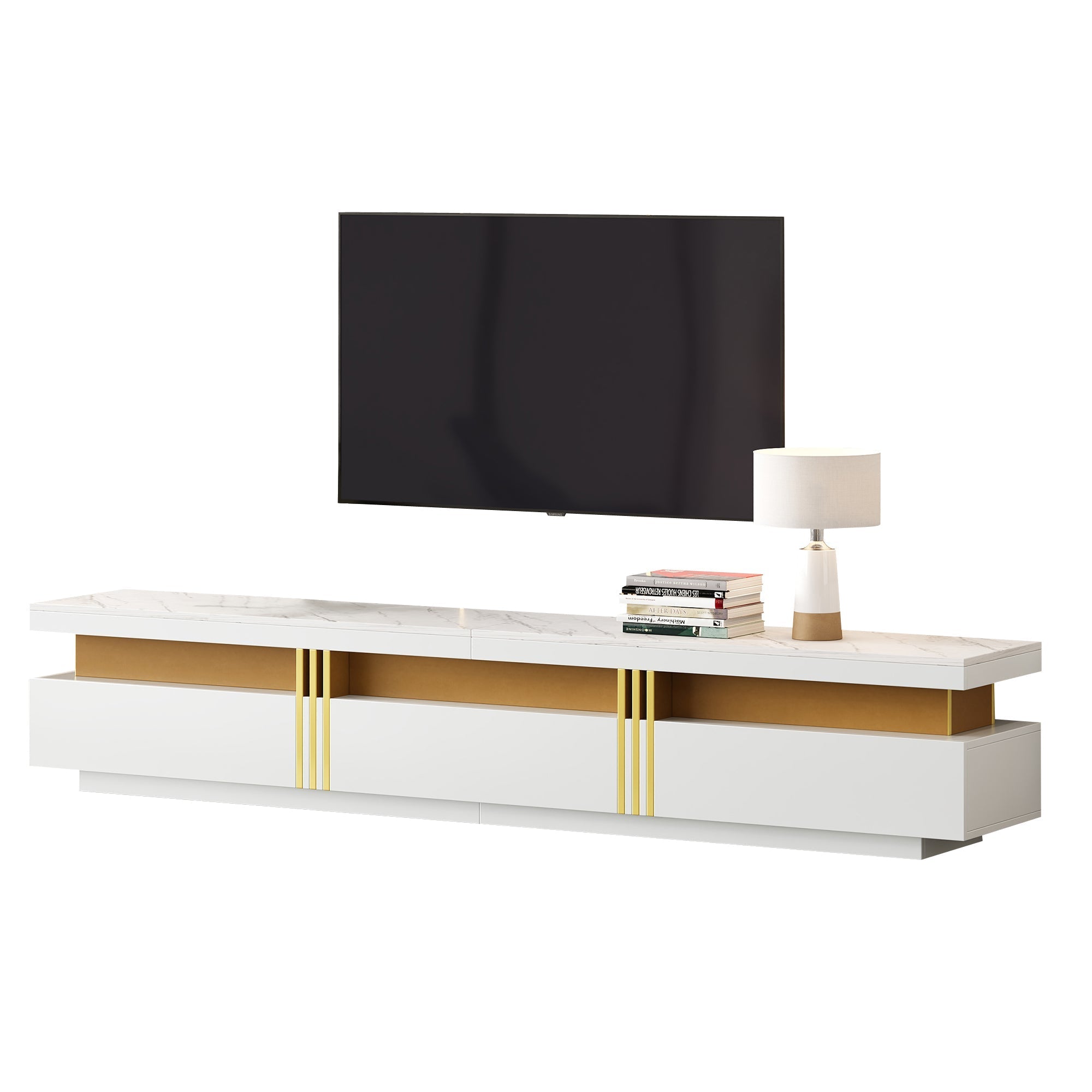 Luxury TV Stand with Faux Marble Top, 3 Drawers for TVs Up to 89'', Golden Panel, White