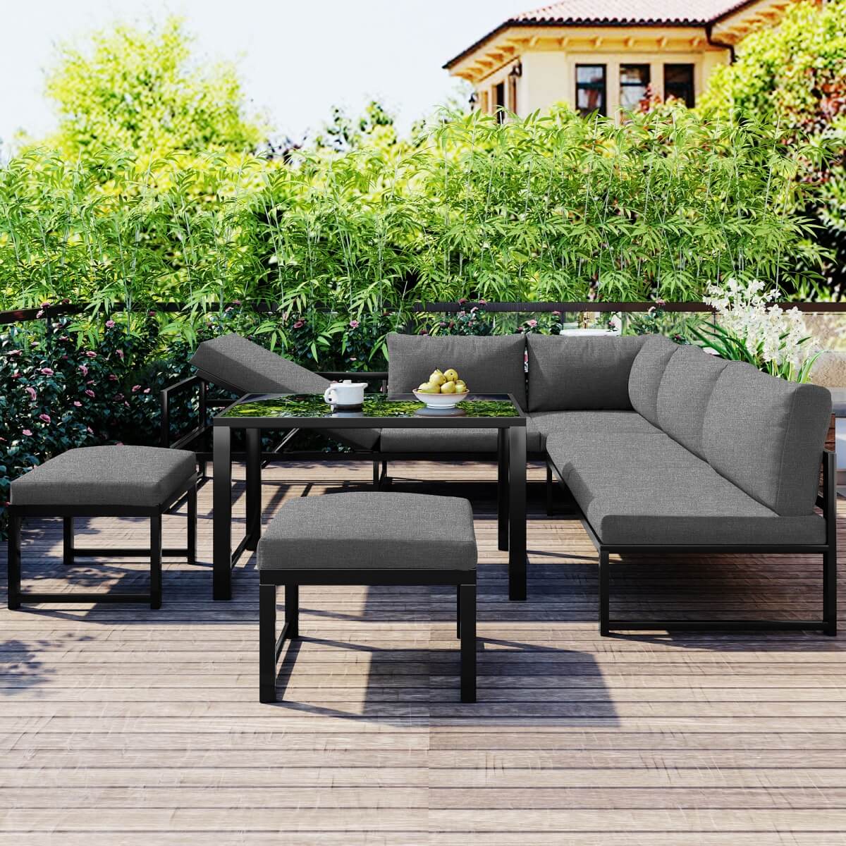 Outdoor Garden Lounge Sofa Set – Reclining Corner Seating with Adjustable Backrests and Cushions Included