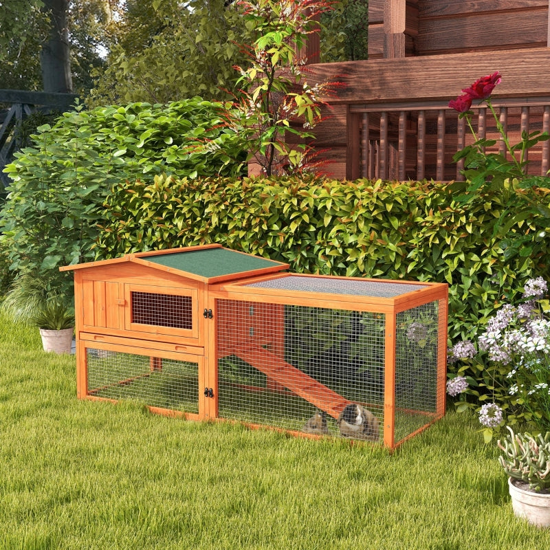 Rabbit Hutch with Run Outdoor Bunny Cage with Sliding Tray, Hay Rack, Ramp, Wooden Orange