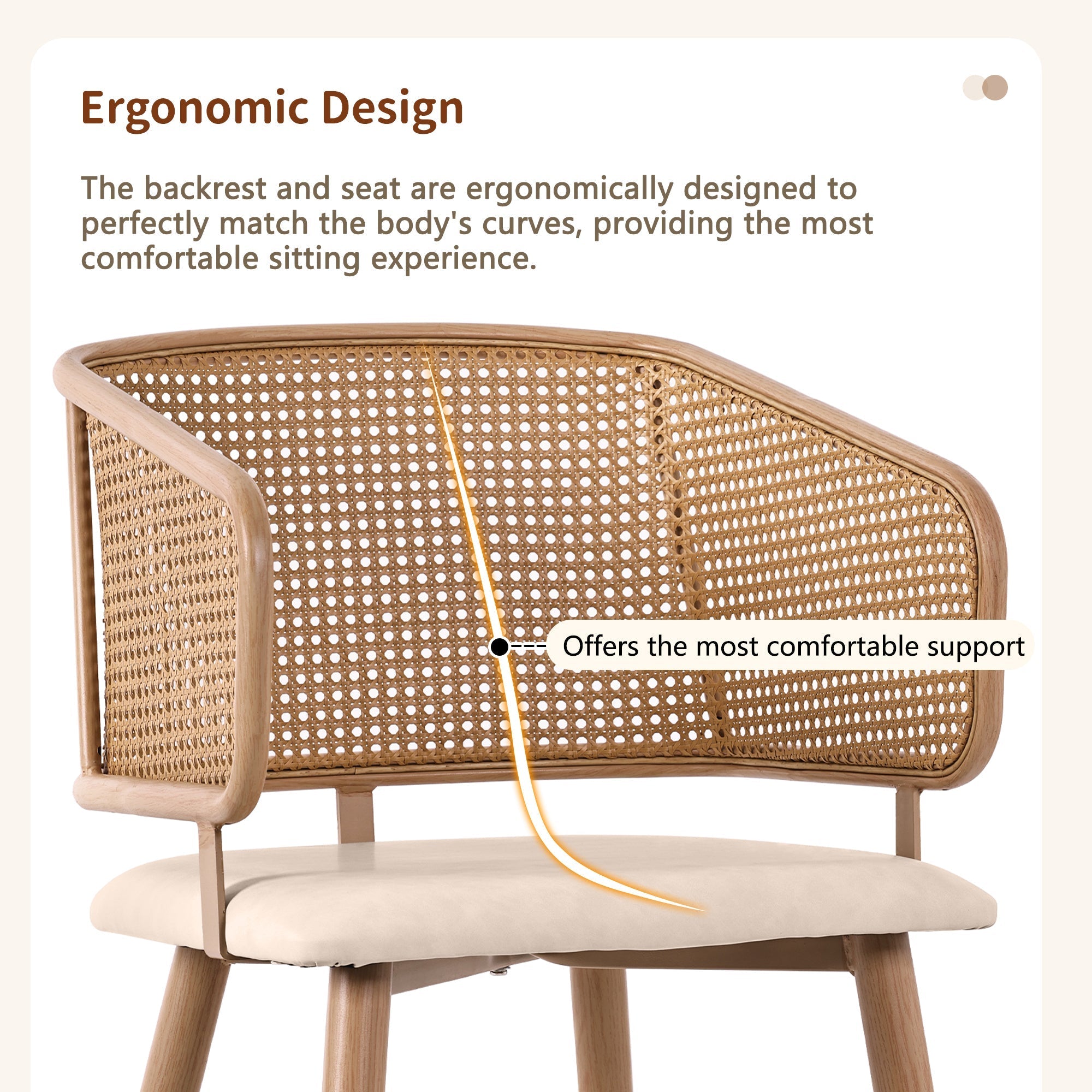 Modern Dining Chairs (2 pcs) with Rattan Backrest & PU Leather Seat, Beige