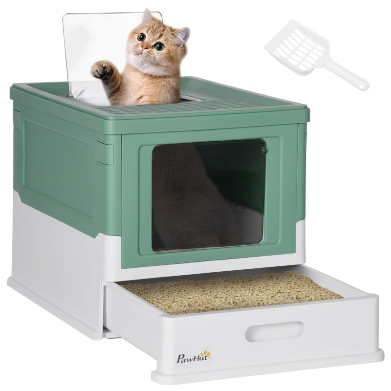 Hooded Cat Litter Box, Portable, with Scoop, Front Entry - Green