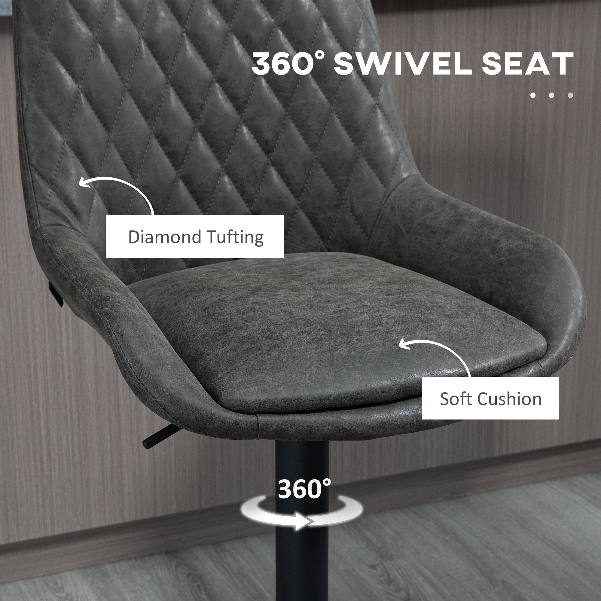 Retro Bar Stools, Set of 2, Adjustable Kitchen Stool, Upholstered with Back and Swivel Seat, Dark Grey