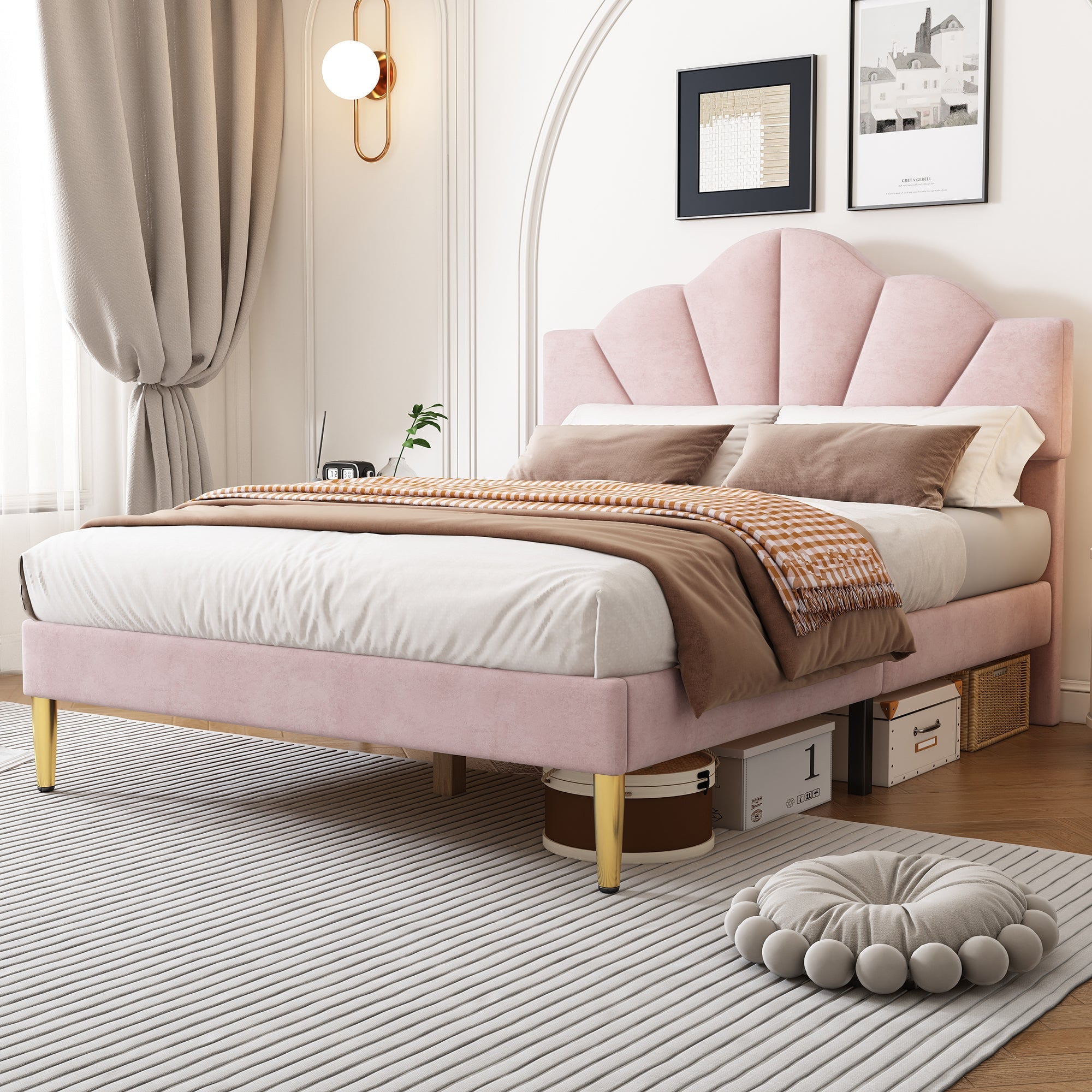 Velvet Upholstered Bed, King Size (150x200cm), Shell-Like Headboard with Golden Iron Legs, Adjustable Height, Wooden Slats, Pink