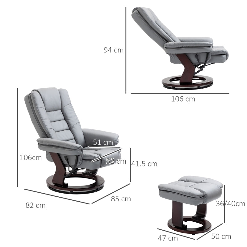 Recliner Chair with Footstool, 130kg Capacity, 135¡ã Reclining Swivel, PU Leather Grey