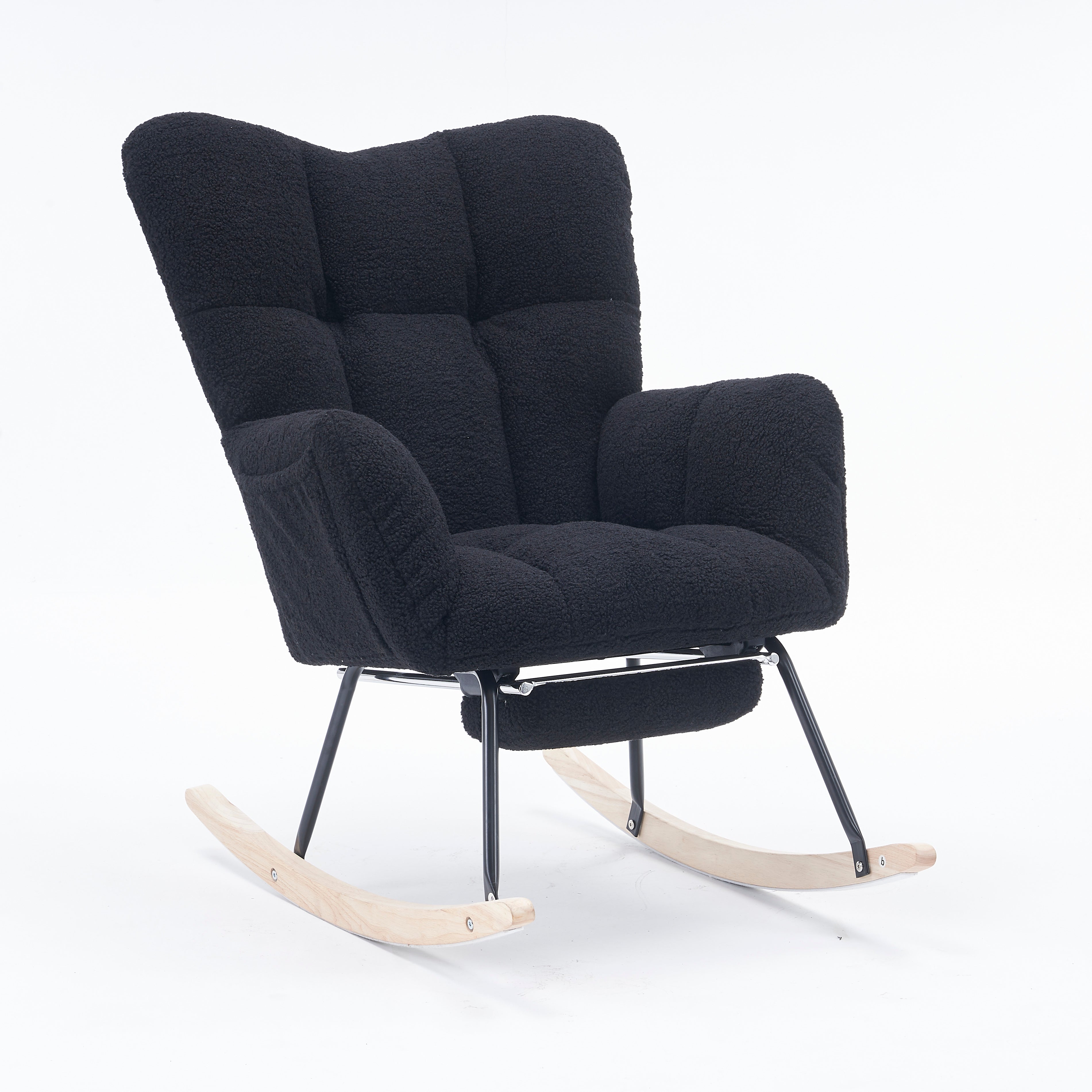 New Modern Teddy Fabric Tufted Upholstered Rocking Chair with Pull-Out Footrest, Black