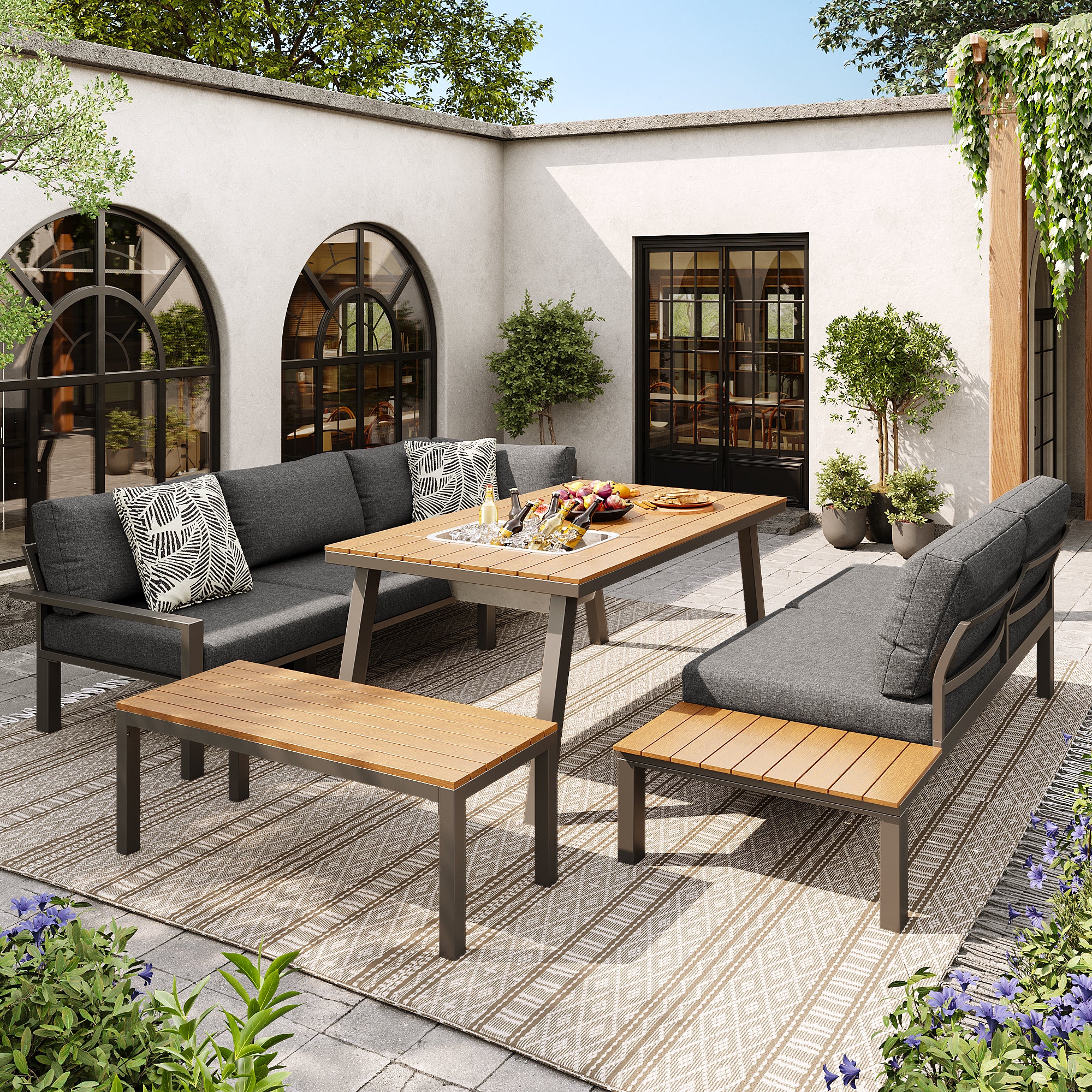 6 to 7 Seater Outdoor Garden Lounge Set – All Weather Modern Seating with Ice Bucket Table