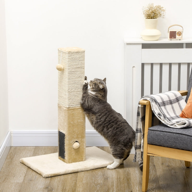 Jute Cat Scratching Post with Carpet Base & Hanging Toy - Beige