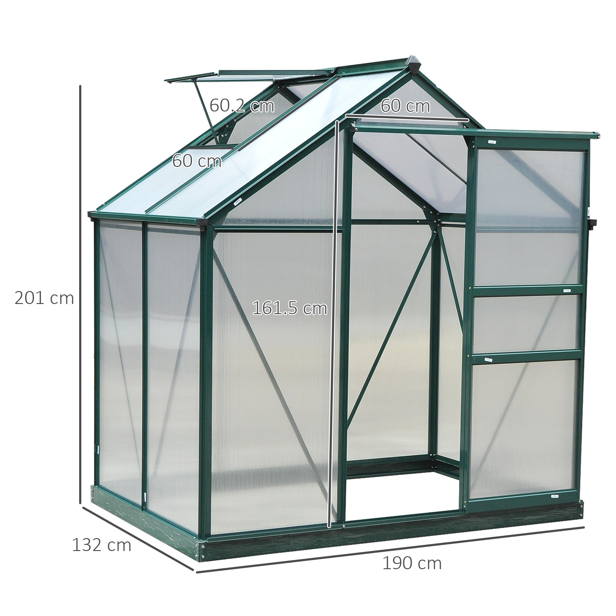 Polycarbonate Greenhouse, Large Walk-In 6 x 4ft with Slide Door and Window, Aluminium Frame, Dark Green
