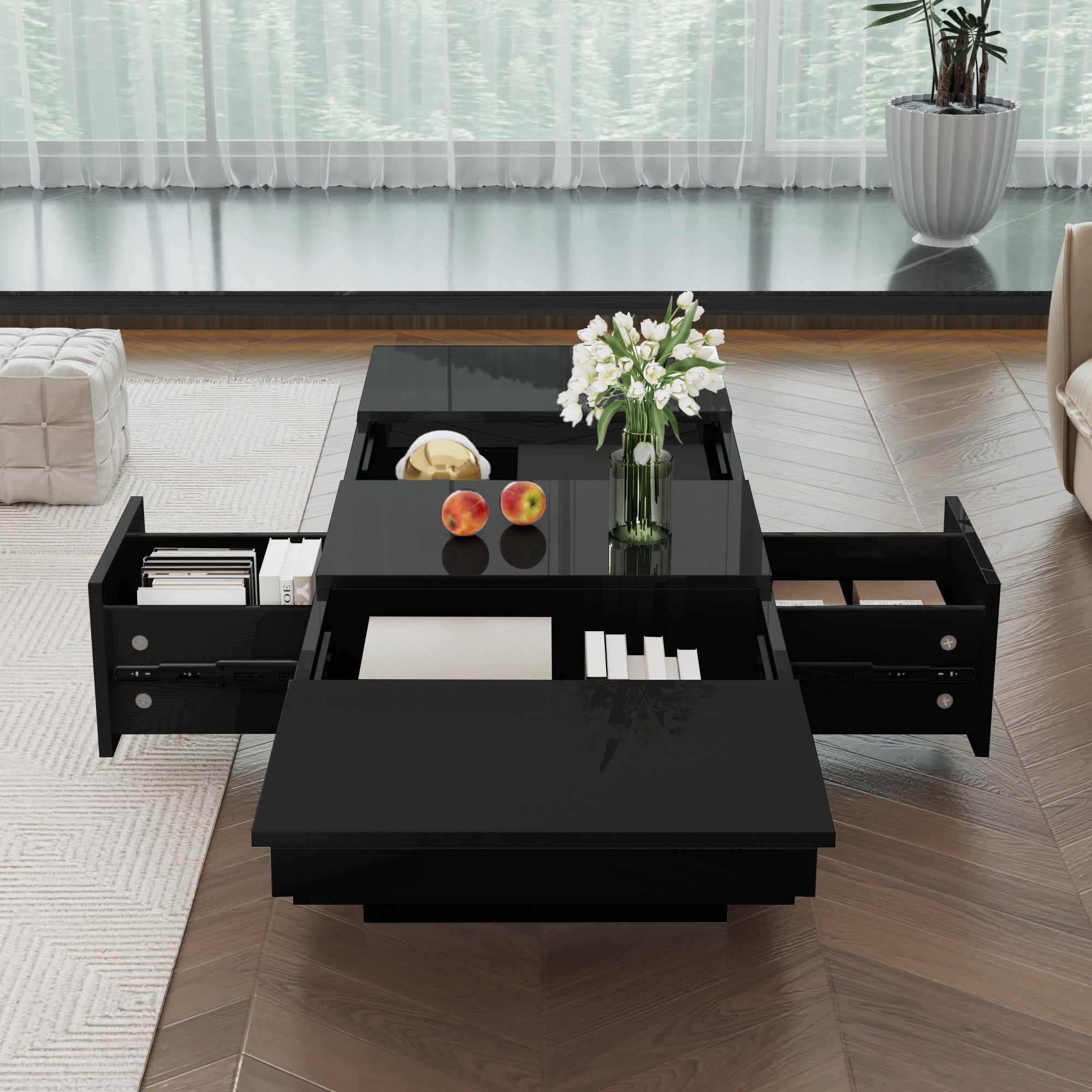 Coffee Table: Black High-Gloss Living Room Table with Push-Pull Storage Structure and Double-Sided Drawers, made of Particle Board.