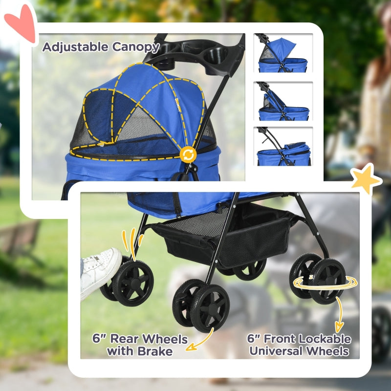 Pet Stroller Dog Cat Travel Pushchair with EVA Wheels, One-Click Fold, Blue