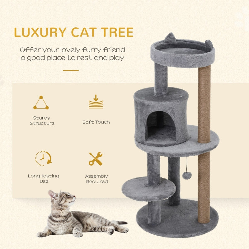 Cat Tree 104 cm, Condo Tower Activity Centre with Scratching Posts, Plush Perch, Hanging Ball - Grey