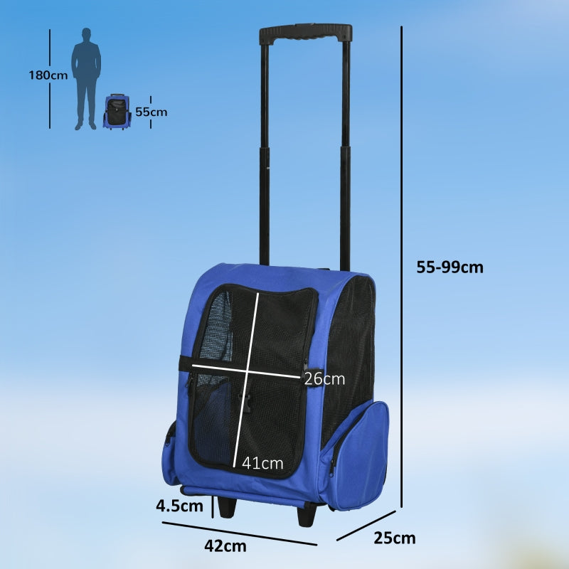 Portable Pet Carrier Backpack with Trolley, Telescopic Handle, Stroller Wheels, Blue