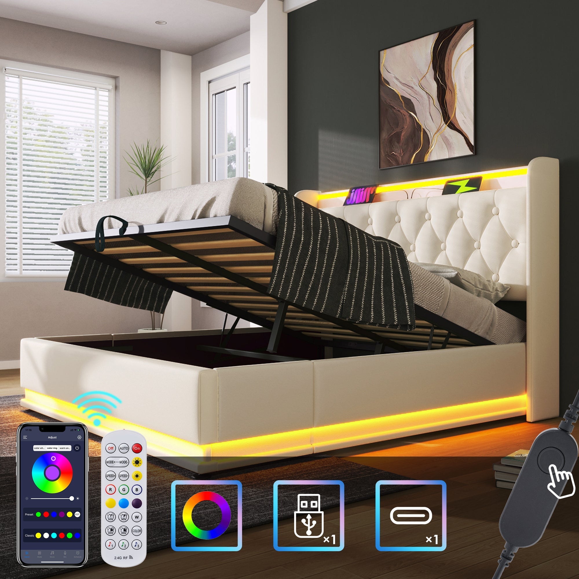 Upholstered Double Ottoman Bed with 360 Surround LED, Hydraulic Storage, Charging Function, PU, White