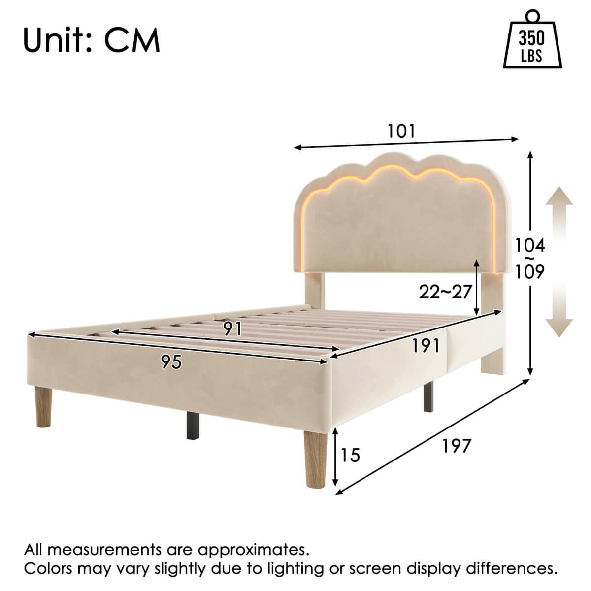 3ft Single Kids Bed with LED - Upholstered Velvet Bed Frame, Adjustable Headboard & Slatted Base, Beige