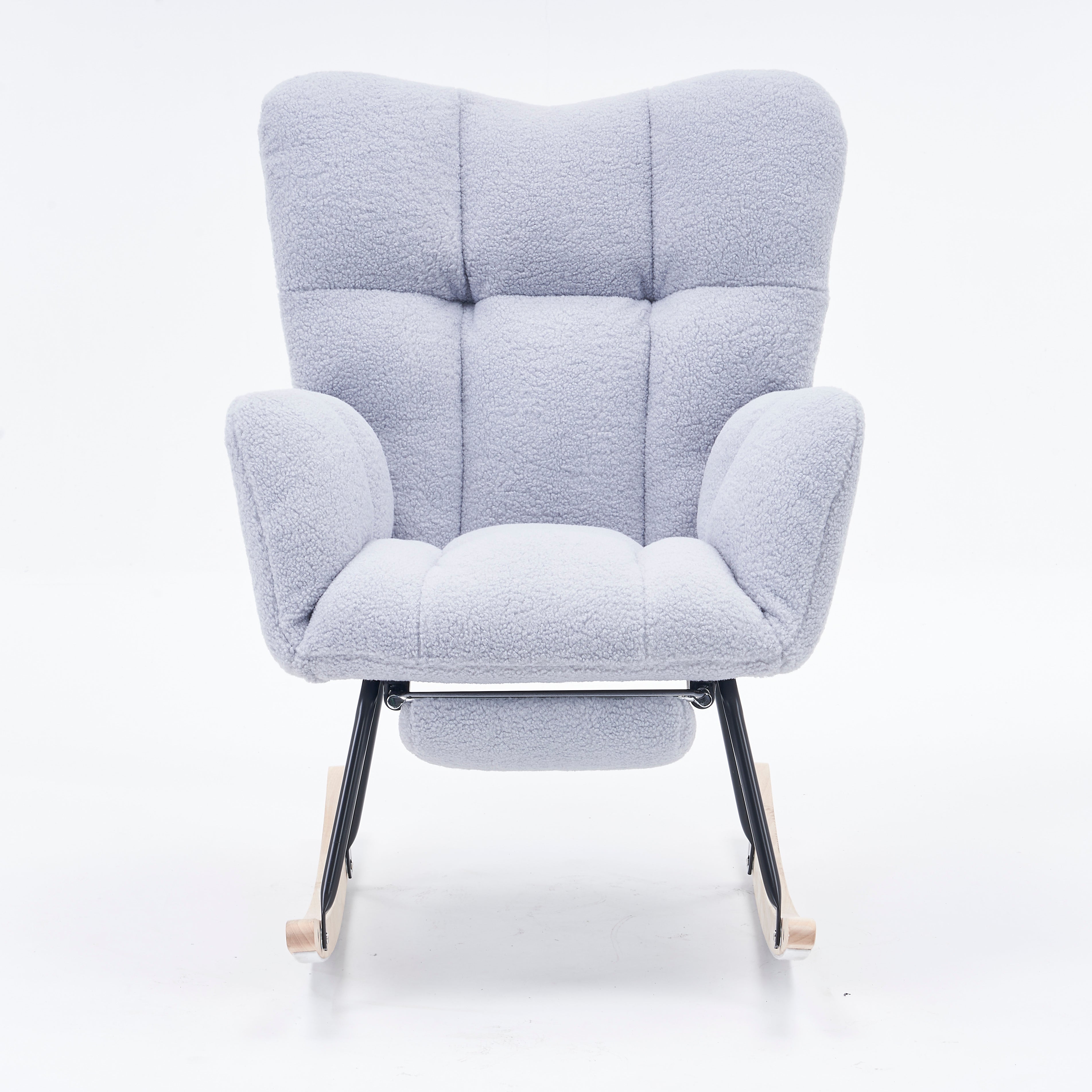 New Modern Teddy Fabric Tufted Upholstered Rocking Chair with Pull-Out Footrest, Light Grey