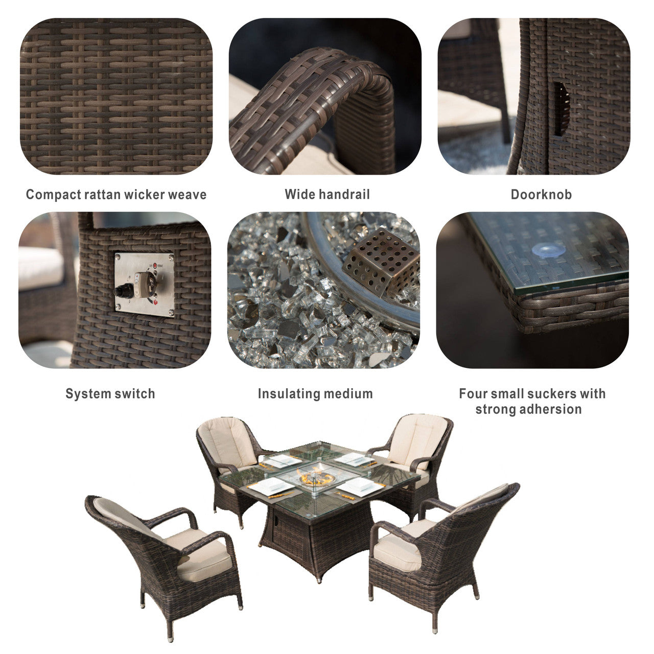 Hampton 4-Seat Outdoor Fire Pit Set - Square Fire Pit Table (PAG-1104+1122-BR)