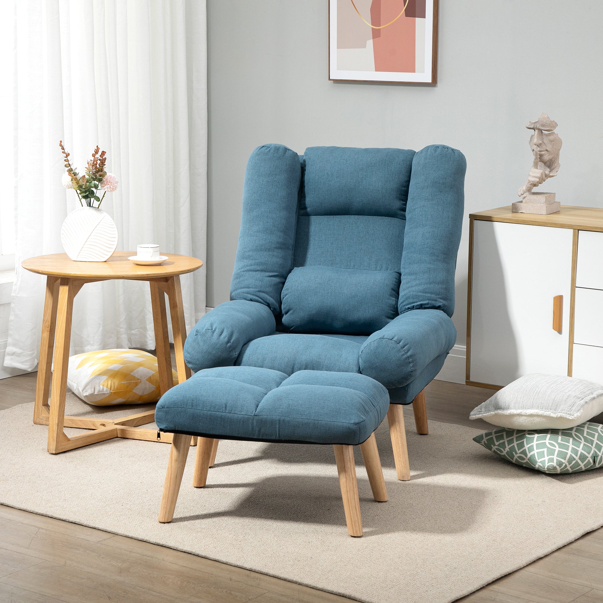 Armchair with Footstool, 180¡ã Recliner and Ottoman, Adjustable Backrest, Wooden Legs, Blue