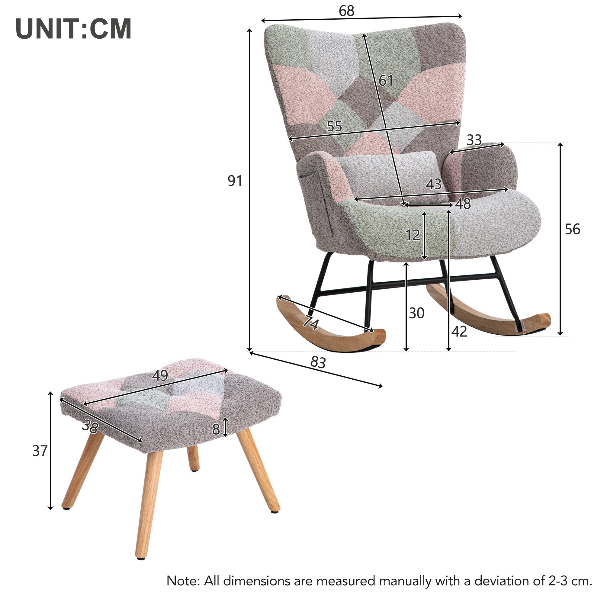 Rocking Chair, Fabric Relaxing Chair Wingback Accent Chair with Solid Wood Legs and Ottoman, Multicolour