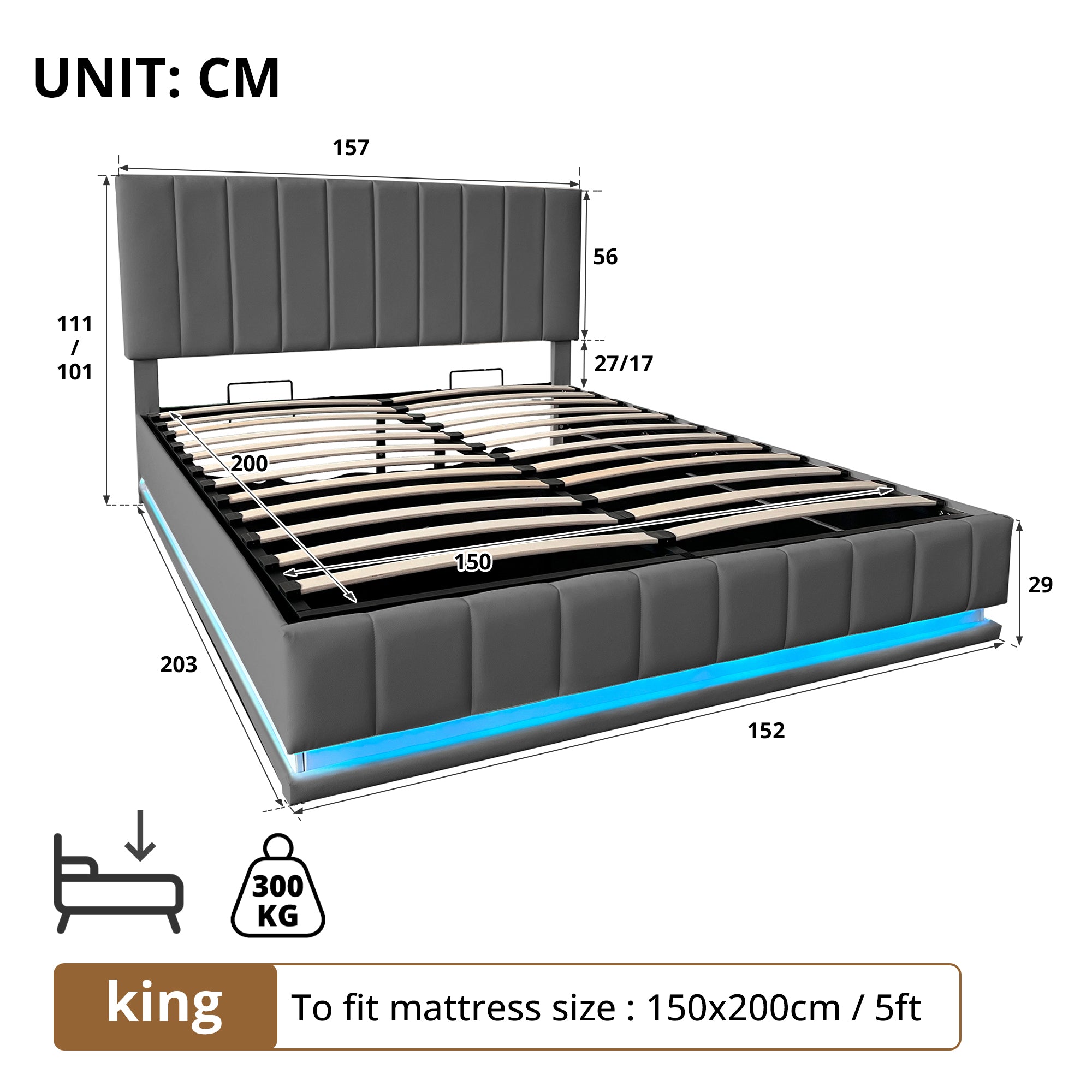 Ottoman King Bed with LED Lighting, Hydraulic Storage, and Adjustable Channel Tufted Headboard, Grey PU Leather