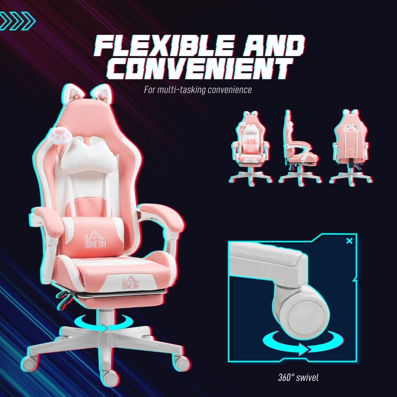 Cat Ear and Paw Office Chair with Footrest - Pink/White