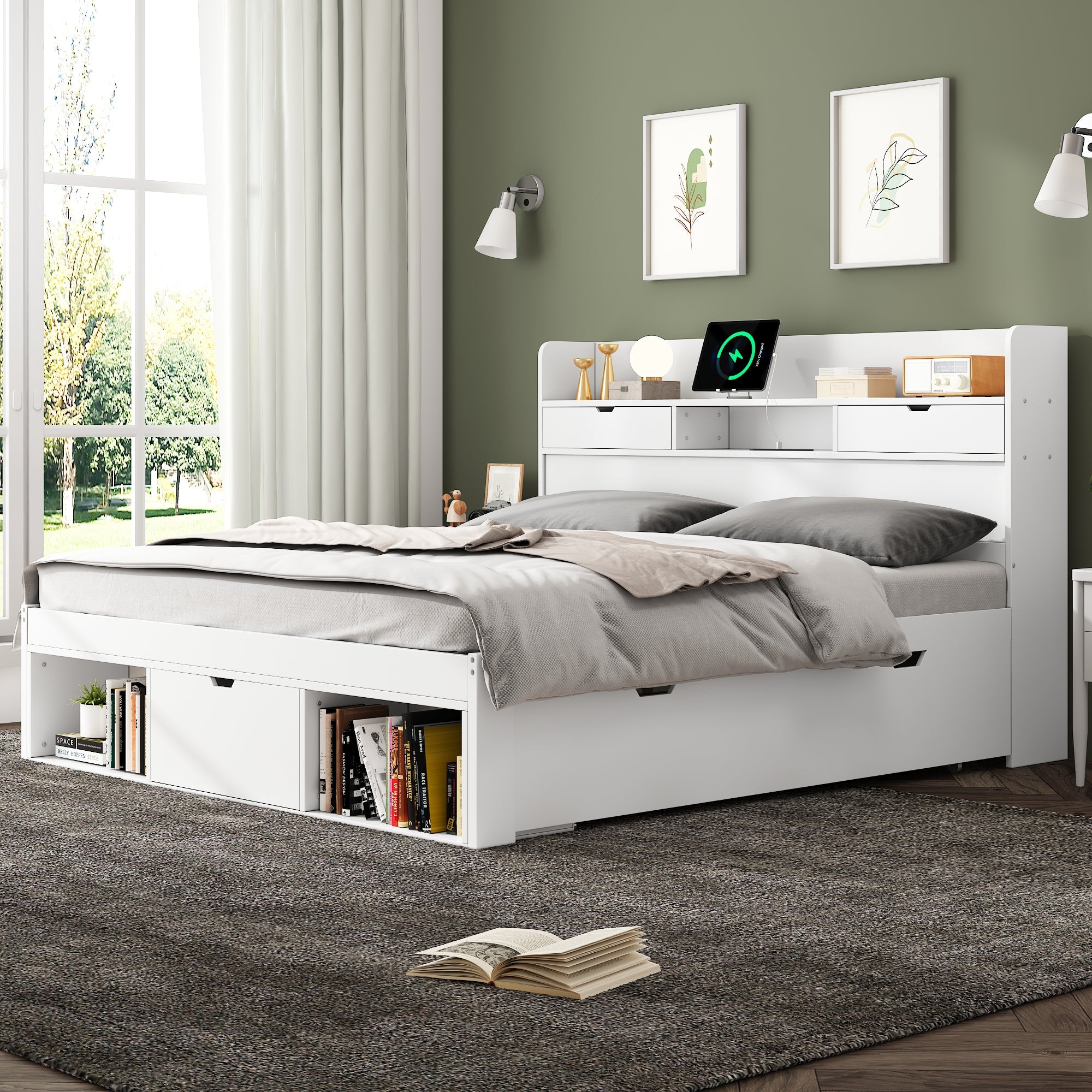 Double Bed 4ft6 (135*190cm) with USB Port, Drawers & Storage Cabinet, White