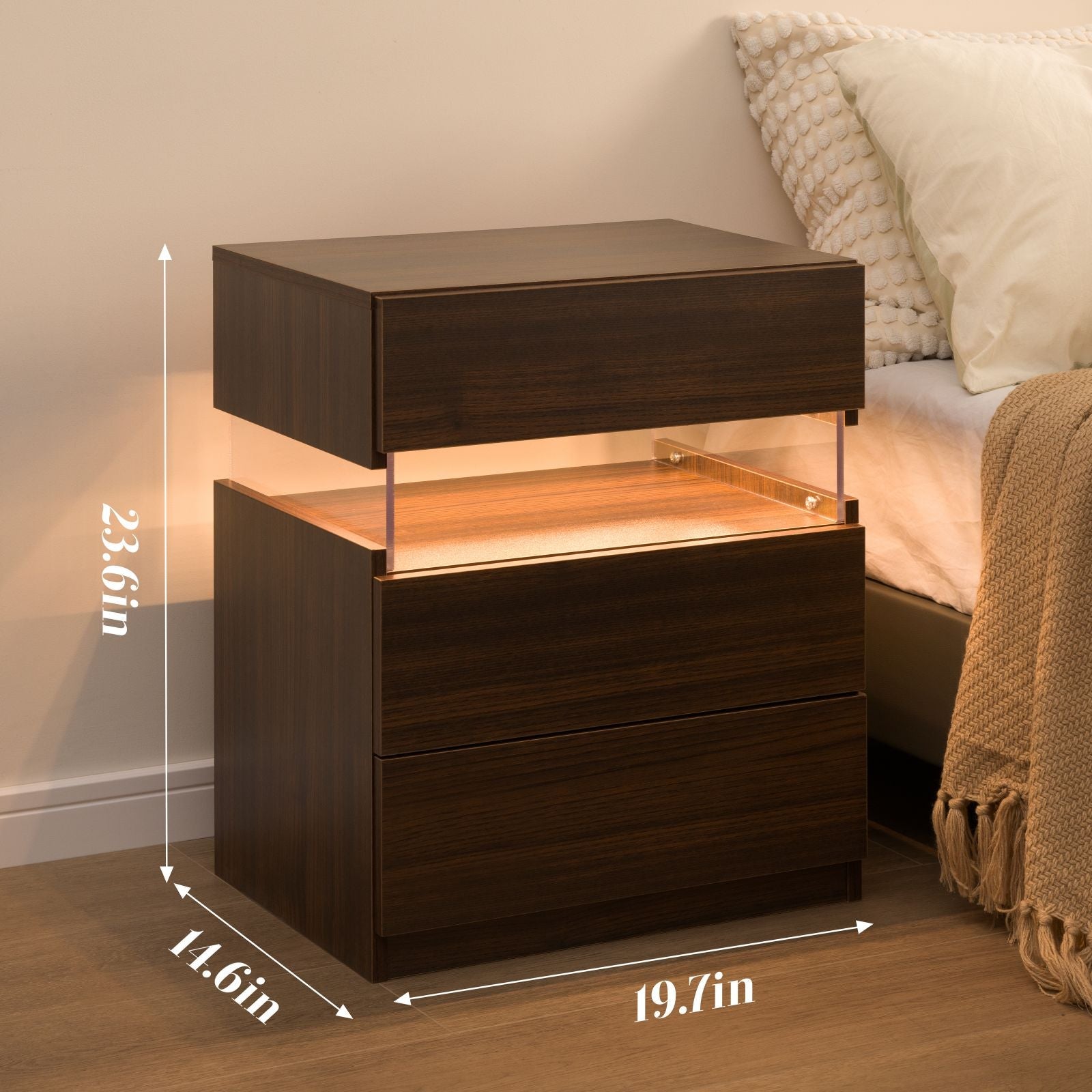 LED Nightstands: Acrylic Board LED Bedside Tables for Bedroom End Table with 3 Drawer Dresser, Walnut Material