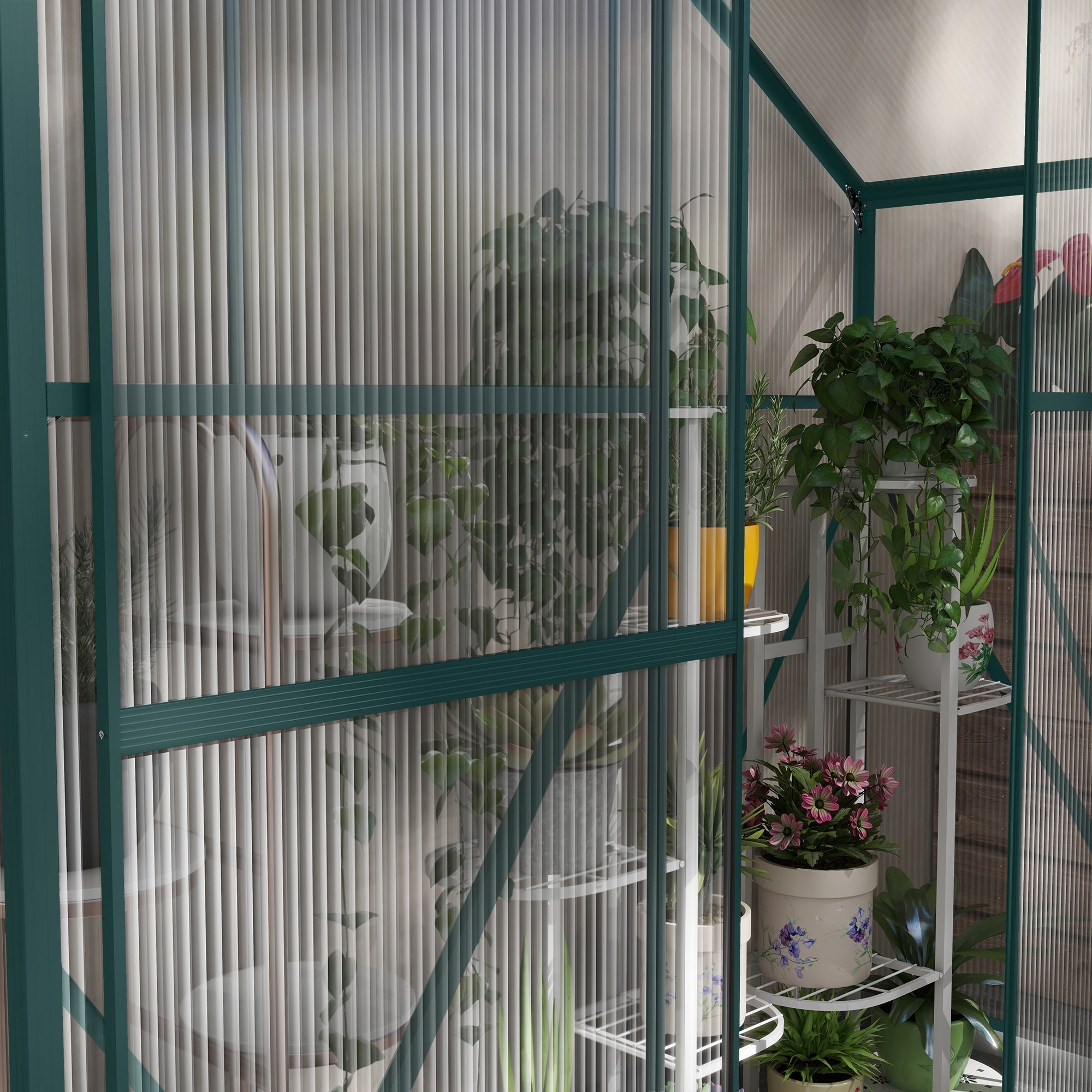 Greenhouse Walk-In with Rain Gutter, Sliding Door, Window, Foundation, Green