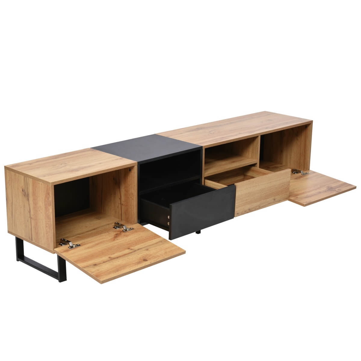 190cm Modern TV Stand – Black & Wood Media Console with Storage Cabinets and Drawers