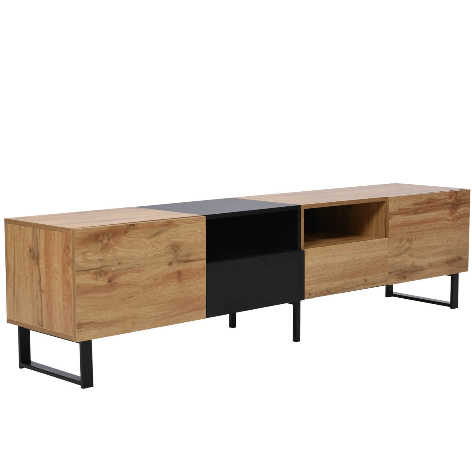 190cm Modern TV Stand – Black & Wood Media Console with Storage Cabinets and Drawers