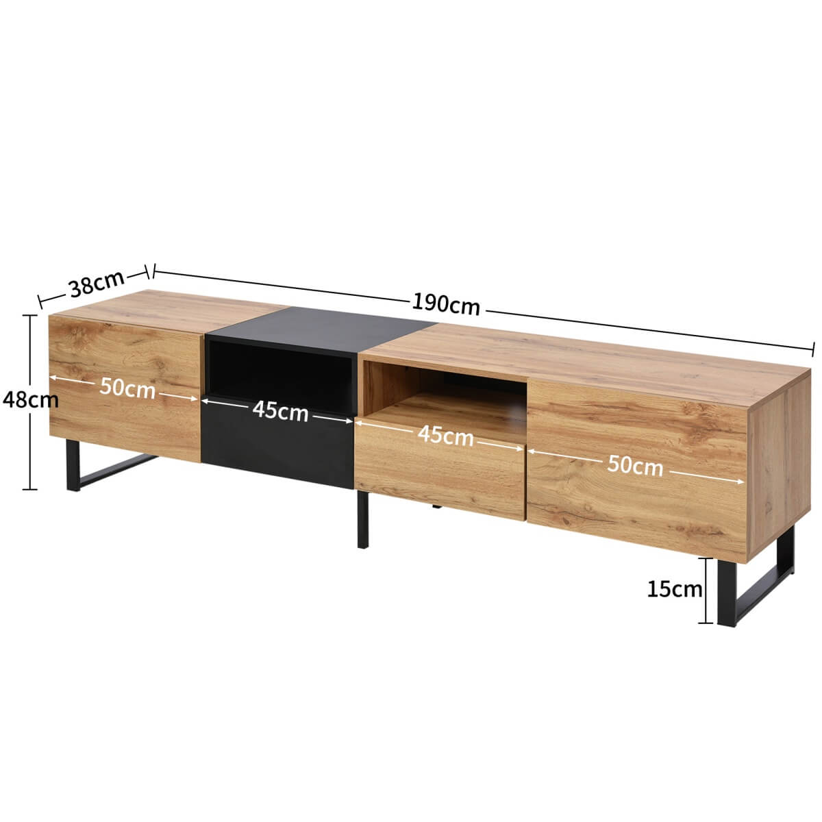 190cm Modern TV Stand – Black & Wood Media Console with Storage Cabinets and Drawers