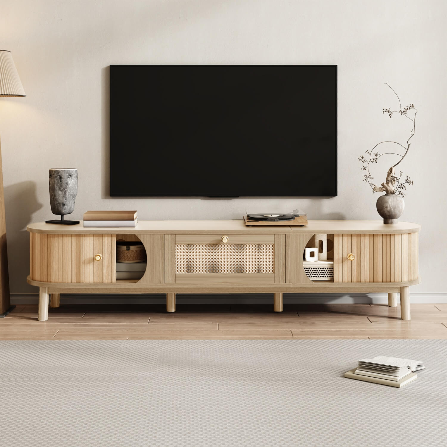 Rattan TV Cabinet with Solid Wood Doors - Natural Rustic Storage TV Stand