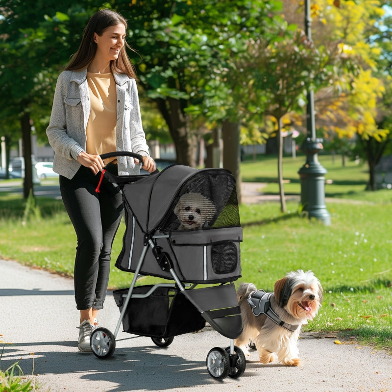 Pet Stroller with Zipper, 3 Wheel Removable & Washable Bottom Pad, Charcoal Grey