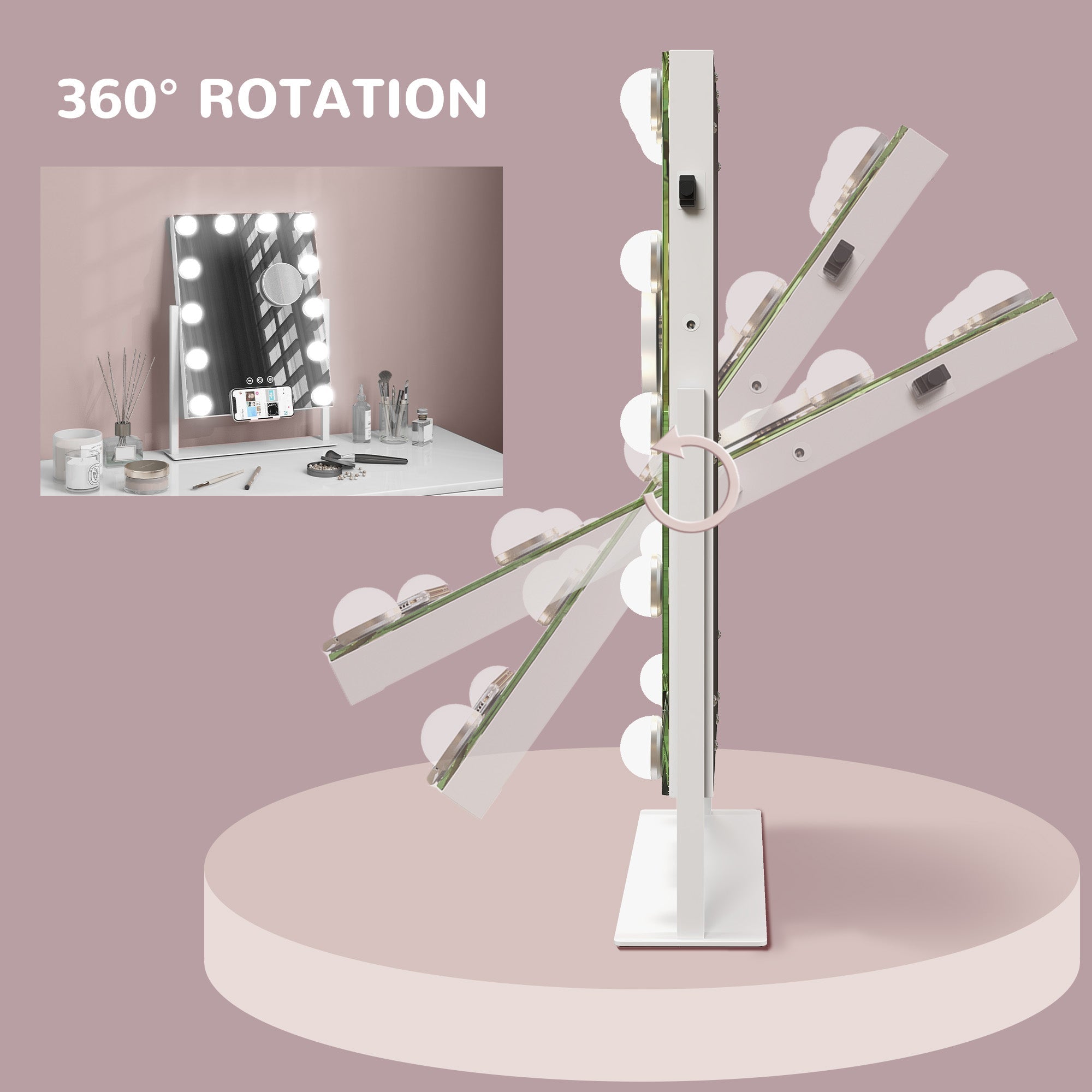 Tabletop Makeup Mirror, 12 LED Bulb Adjustable Settings