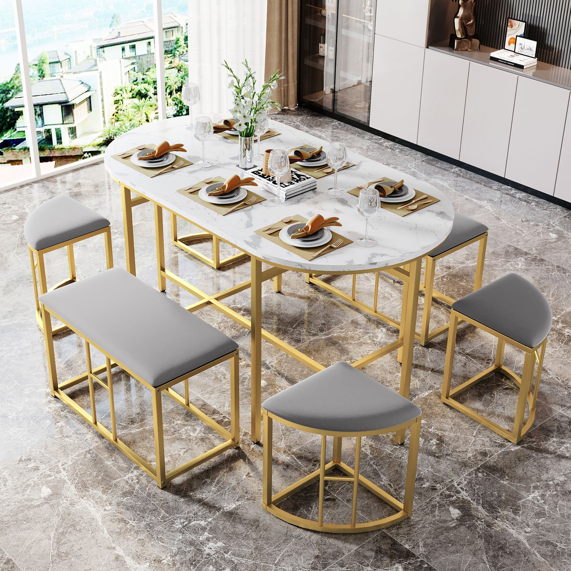 Dining Group Set with Dining Table, 4 Small Stools & 2 Large Stools, Steel Frame, White and Gold, 140x70x76cm