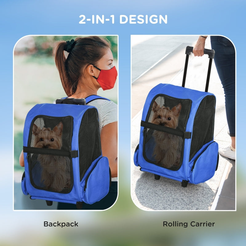 Portable Pet Carrier Backpack with Trolley, Telescopic Handle, Stroller Wheels, Blue